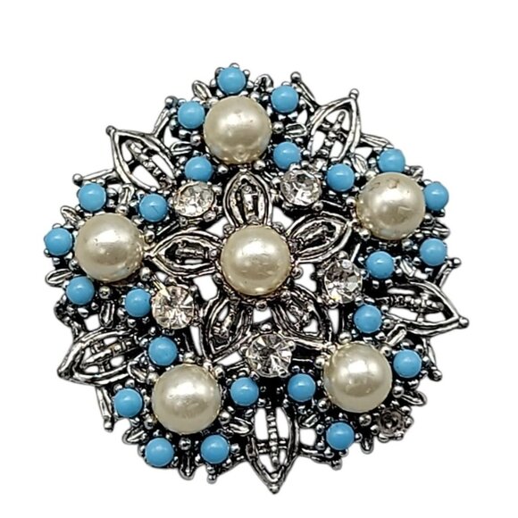 Star Vintage Faux Turquoise & Imitation Pearl Brooch Silver Tone Rhinestones - Picture 1 of 6